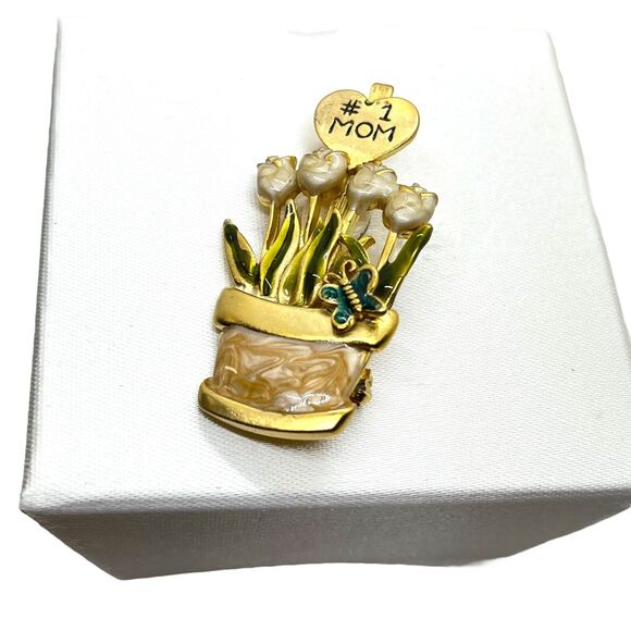 Mom Flower Pot Brooch Pin Mother's Day Gift Vintage #1 Best Mom Gold Tone Enamel - Picture 1 of 15